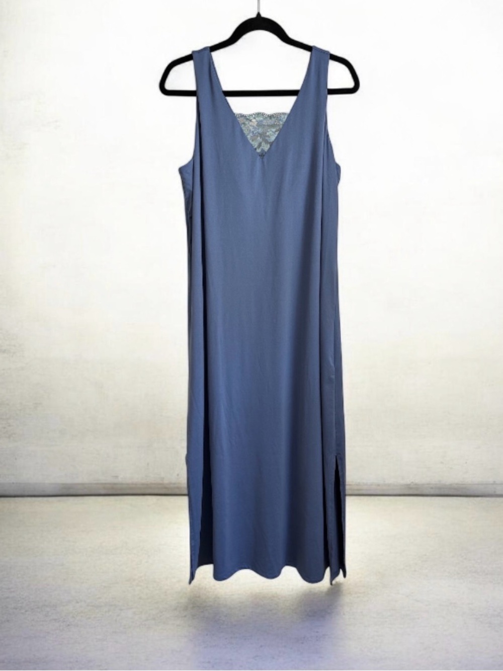 Soma Sleep Lounge Lace Insert Maxi Dress Side Slit Blue Grey Large